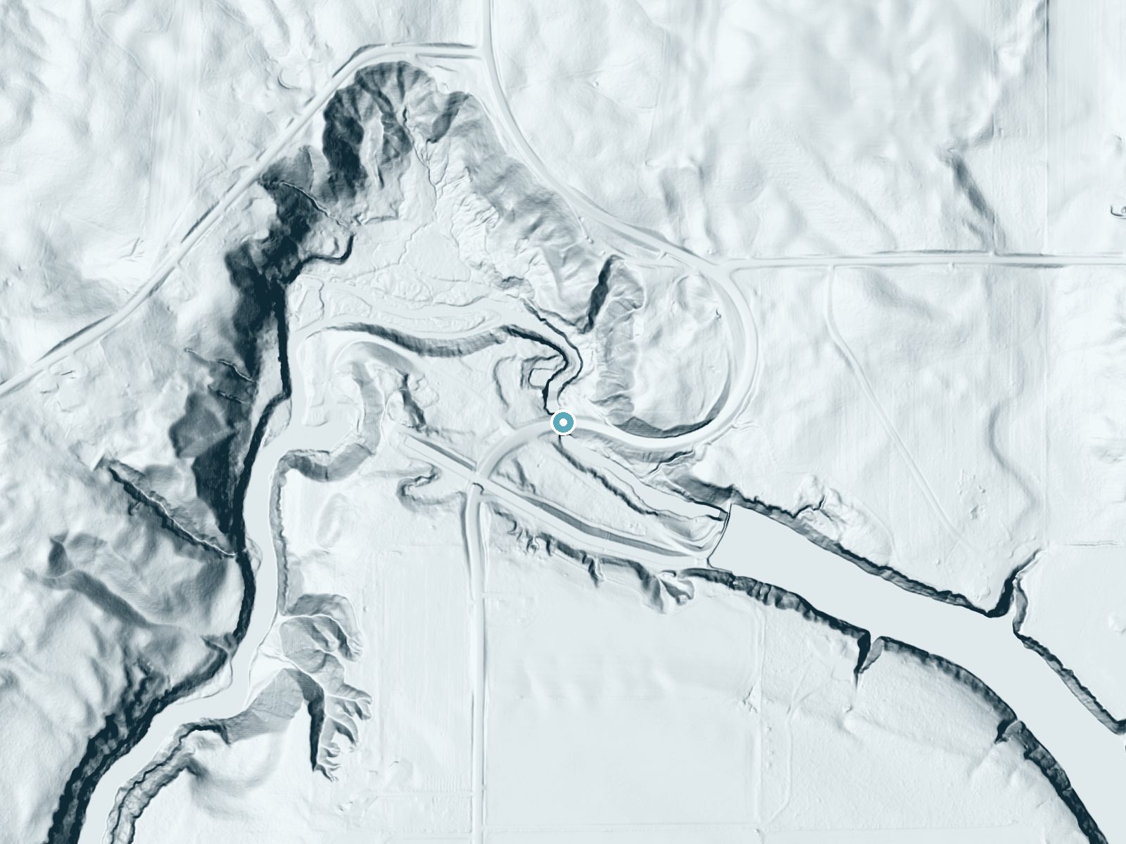 LiDAR bare-earth terrain around Apple River Falls near Somerset, Wisconsin, showing about 83 feet of drop, a steep tiered drop, facing northwest