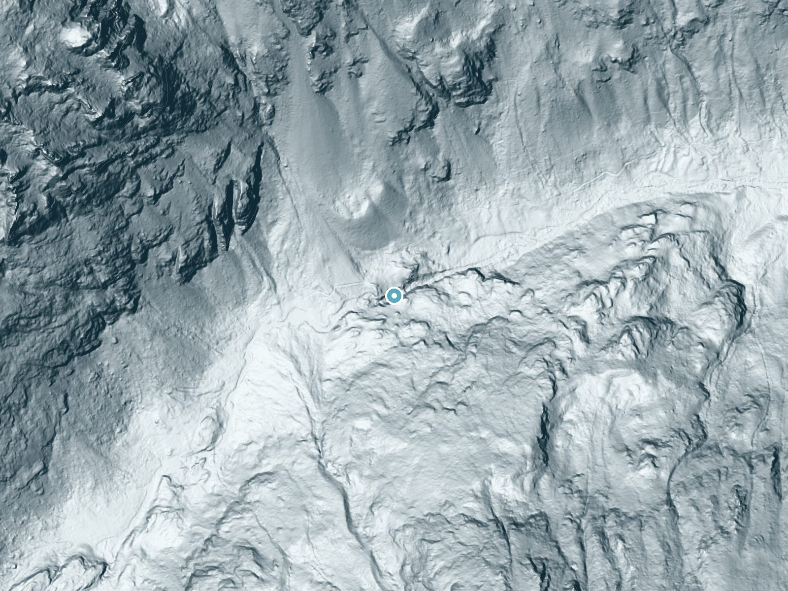 LiDAR bare-earth terrain around Calamity Falls near Roscoe, Montana, showing about 157 feet of drop, a steep tiered drop, facing northeast