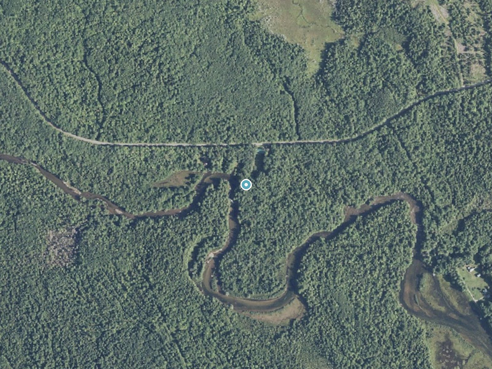 Aerial photo of the same ground around Little Falls near Calais, Maine, for comparison with the lidar view