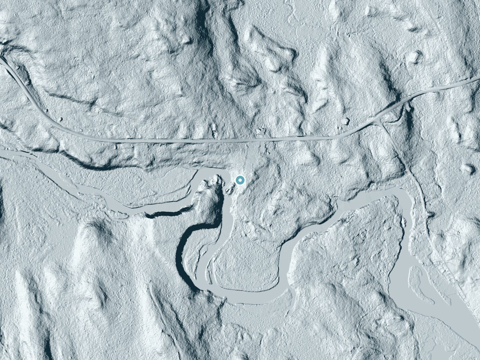 LiDAR bare-earth terrain around Little Falls near Calais, Maine, showing about 24 feet of drop, a long cascade, facing southwest