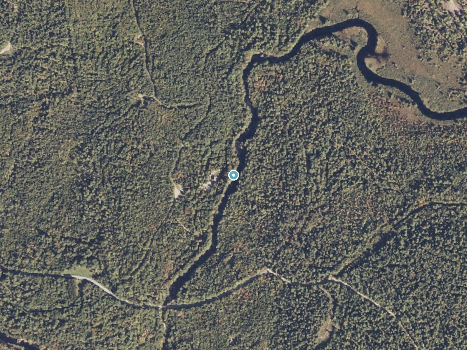 Aerial photo of the same ground around Grand Falls near Mattawamkeag, Maine, for comparison with the lidar view