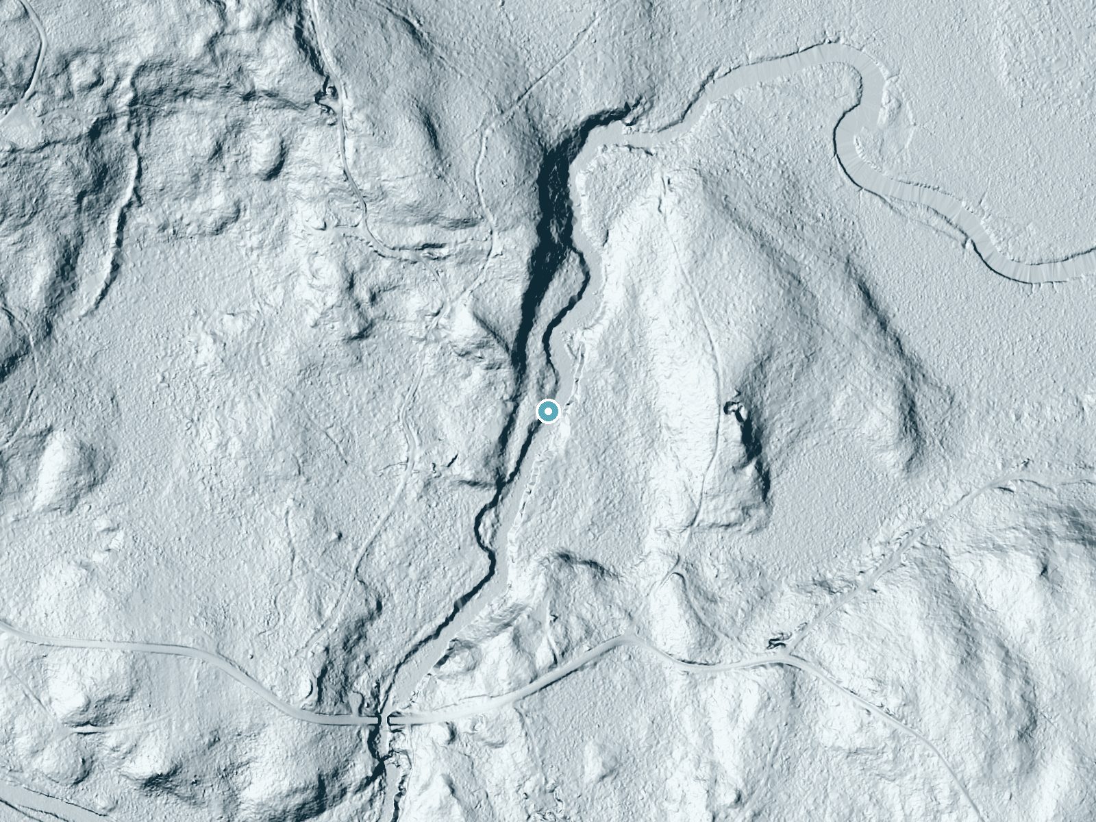 LiDAR bare-earth terrain around Grand Falls near Mattawamkeag, Maine, showing about 29 feet of drop, a long cascade, facing southeast