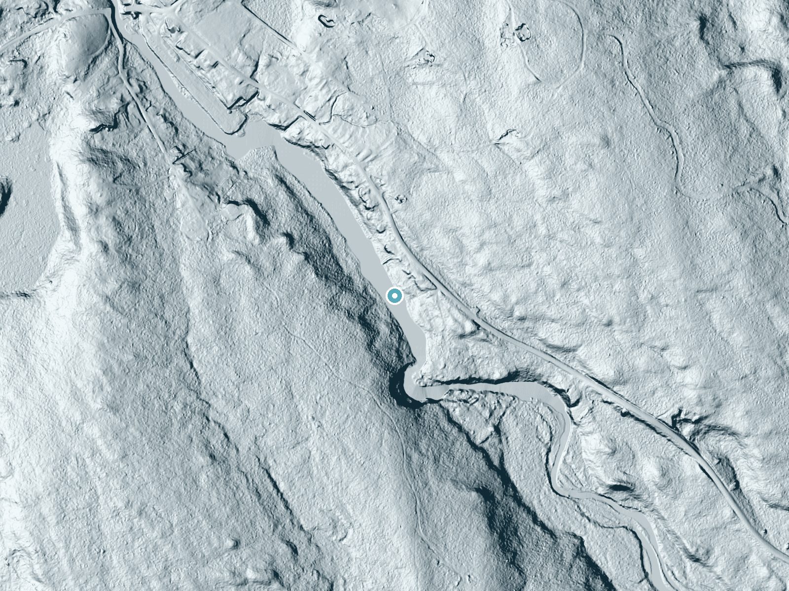 LiDAR bare-earth terrain around Big Falls near Calais, Maine, showing about 29 feet of drop, a long cascade, facing southwest