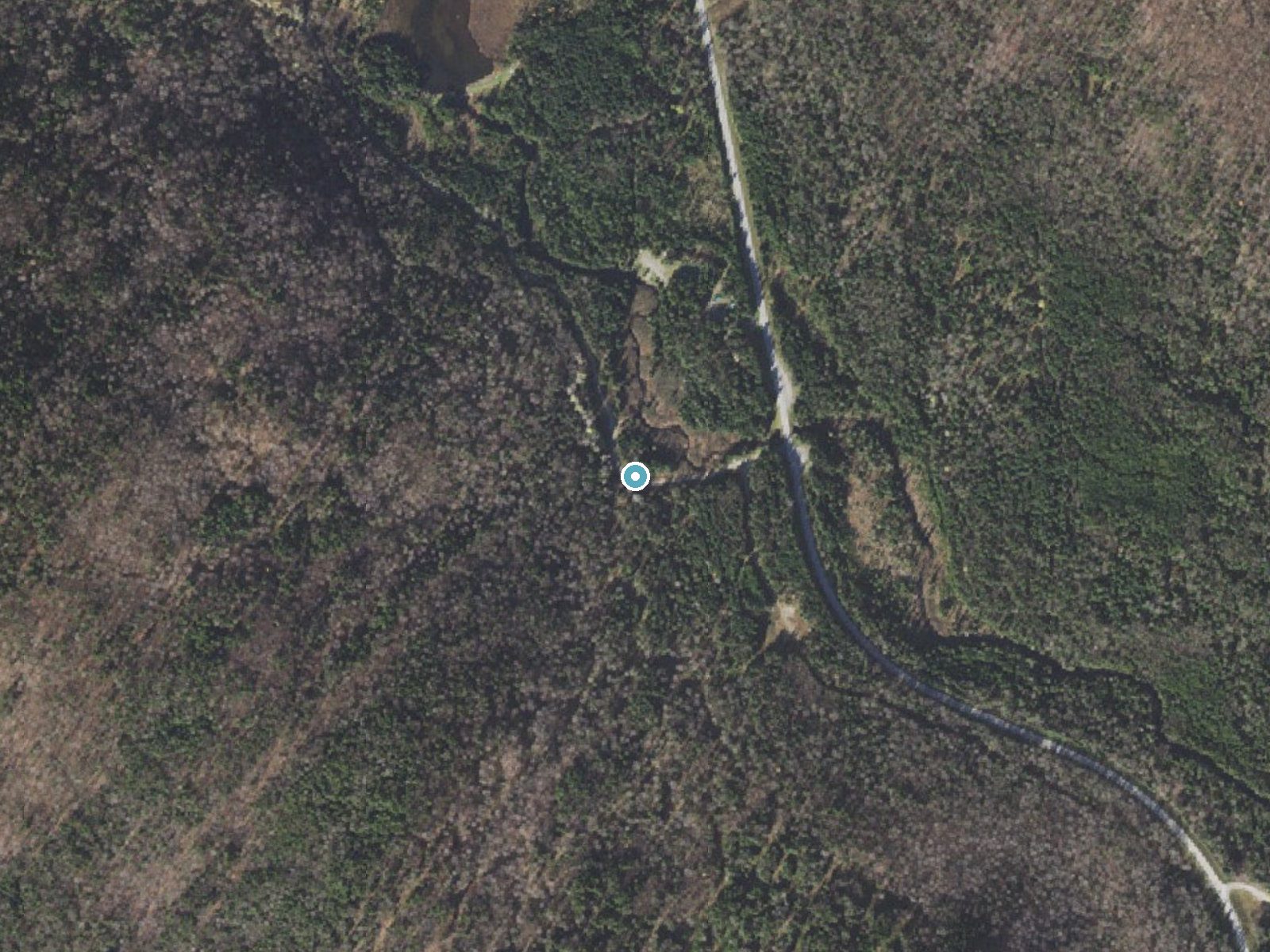 Aerial photo of the same ground around Moose Falls near Beecher Falls, New Hampshire, for comparison with the lidar view
