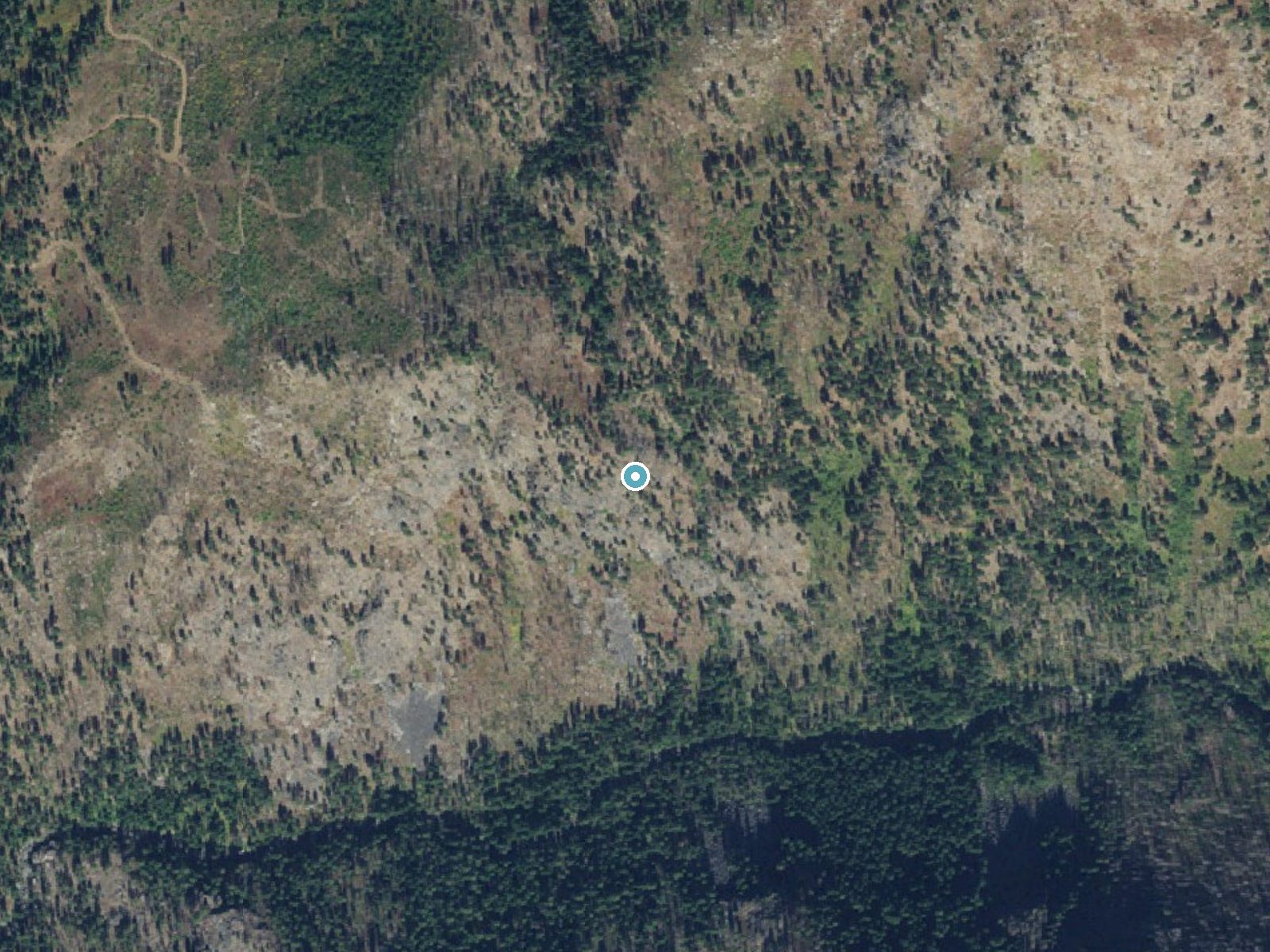 Aerial photo of the same ground around Hazard Falls near New Meadows, Idaho, for comparison with the lidar view