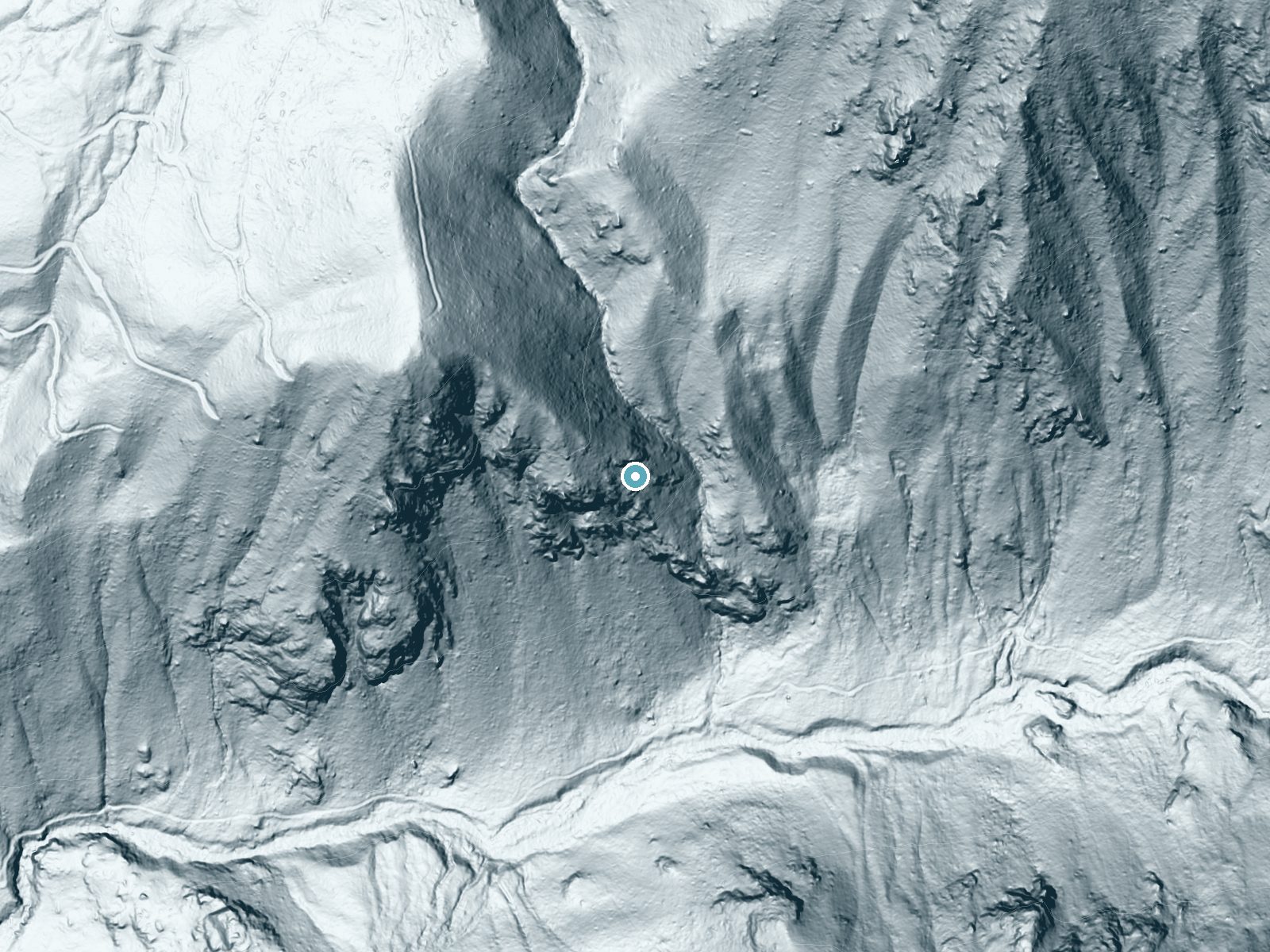 LiDAR bare-earth terrain around Hazard Falls near New Meadows, Idaho, showing about 406 feet of drop, a steep tiered drop, facing southeast