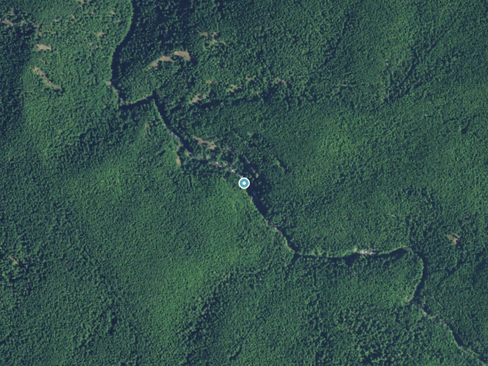 Aerial view of the ground around Stein Falls near Rhododendron, Oregon