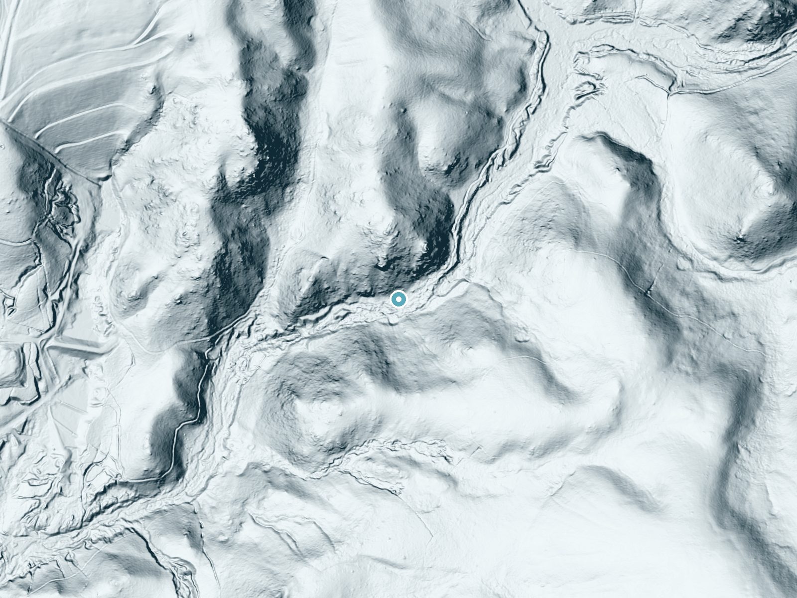 LiDAR bare-earth terrain around Devlin Falls near Salmon, Idaho, showing about 171 feet of drop, a steep tiered drop, facing south