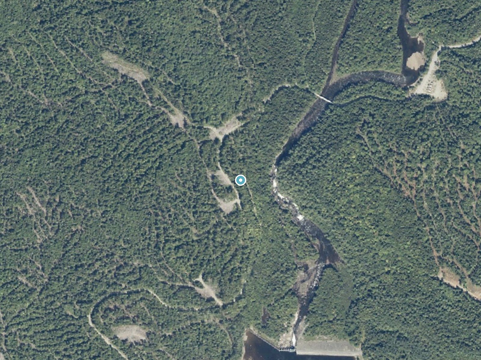 Aerial photo of the same ground around Long Falls near Kingfield, Maine, for comparison with the lidar view