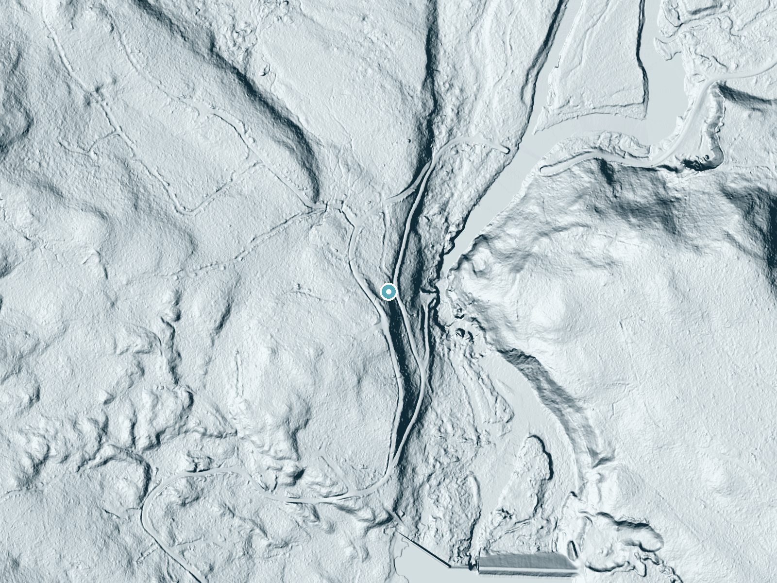 LiDAR bare-earth terrain around Long Falls near Kingfield, Maine, showing about 109 feet of drop, a long cascade, facing east
