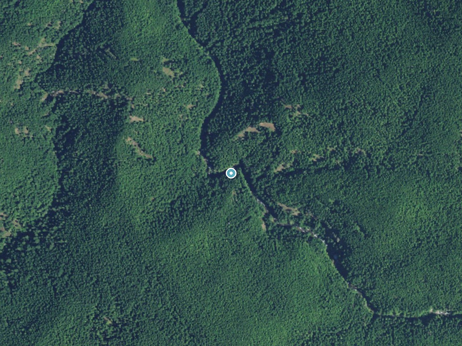 Aerial view of the ground around Split Falls near Rhododendron, Oregon