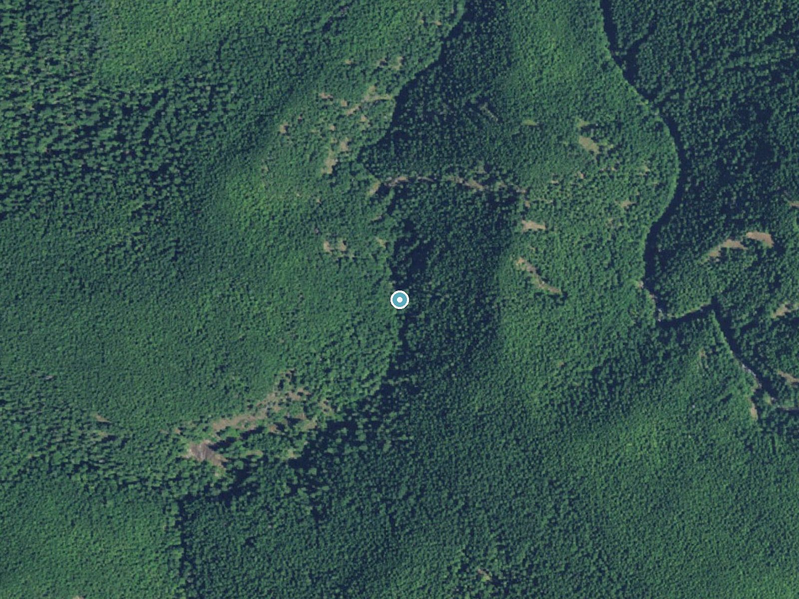Aerial view of the ground around Hideaway Falls near Rhododendron, Oregon