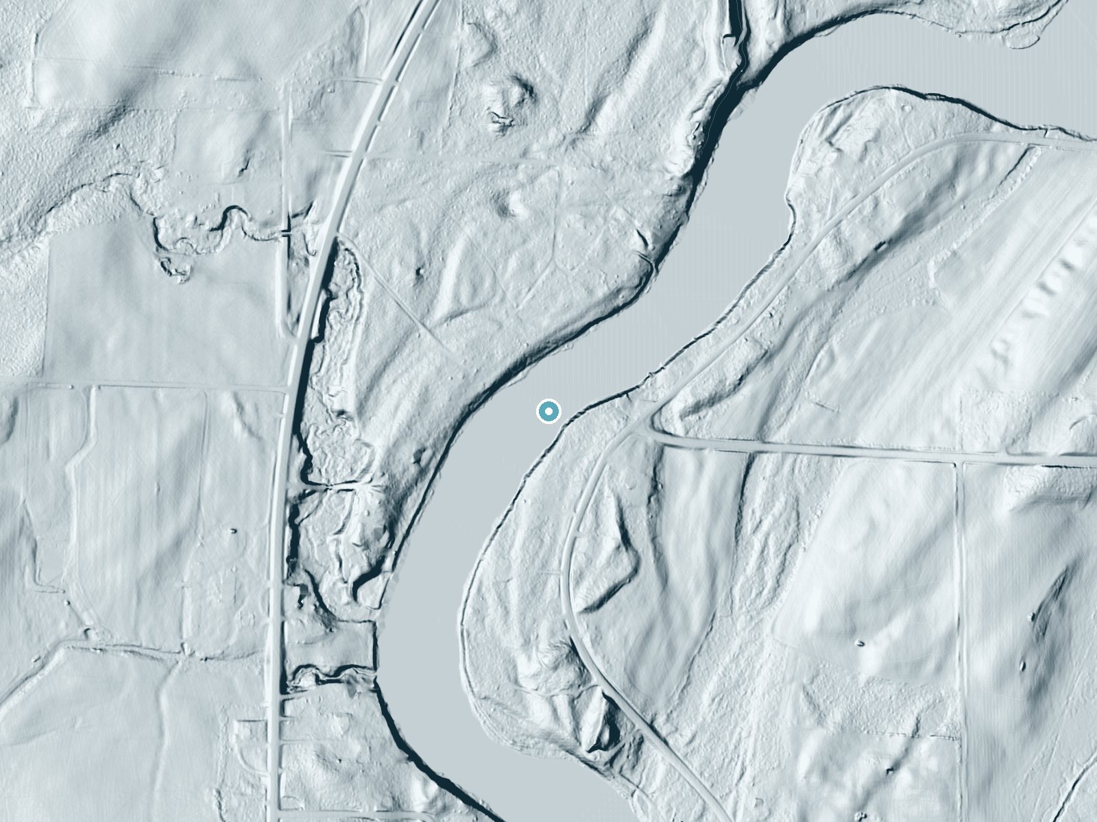 LiDAR bare-earth terrain around Twin Island Rapids near Menominee, Michigan, showing about 19 feet of drop, a long cascade, facing northwest
