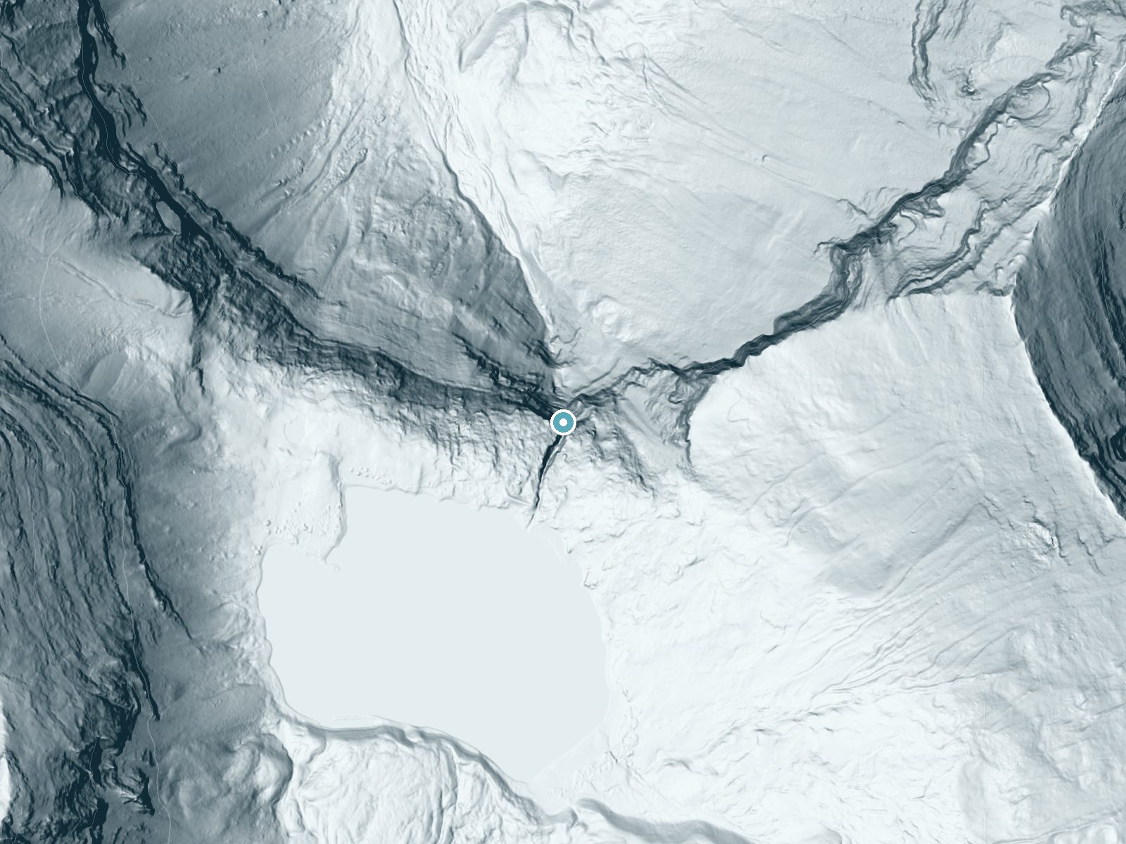 LiDAR bare-earth terrain around Cedar Falls near Big Sky, Montana, showing about 466 feet of drop, a single sheer drop, facing north