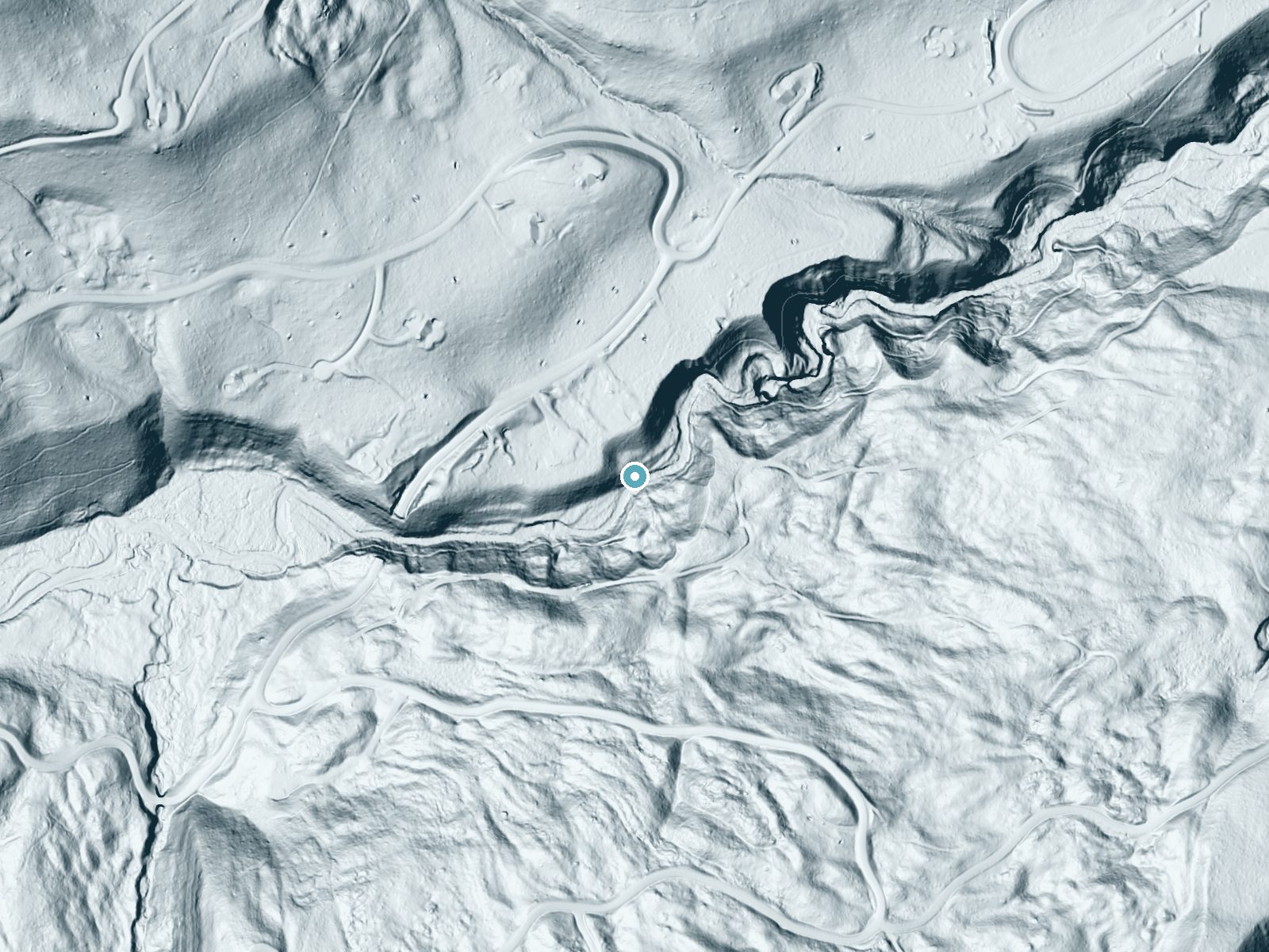 LiDAR bare-earth terrain around Ousel Falls near Big Sky, Montana, showing about 95 feet of drop, a steep tiered drop, facing southeast