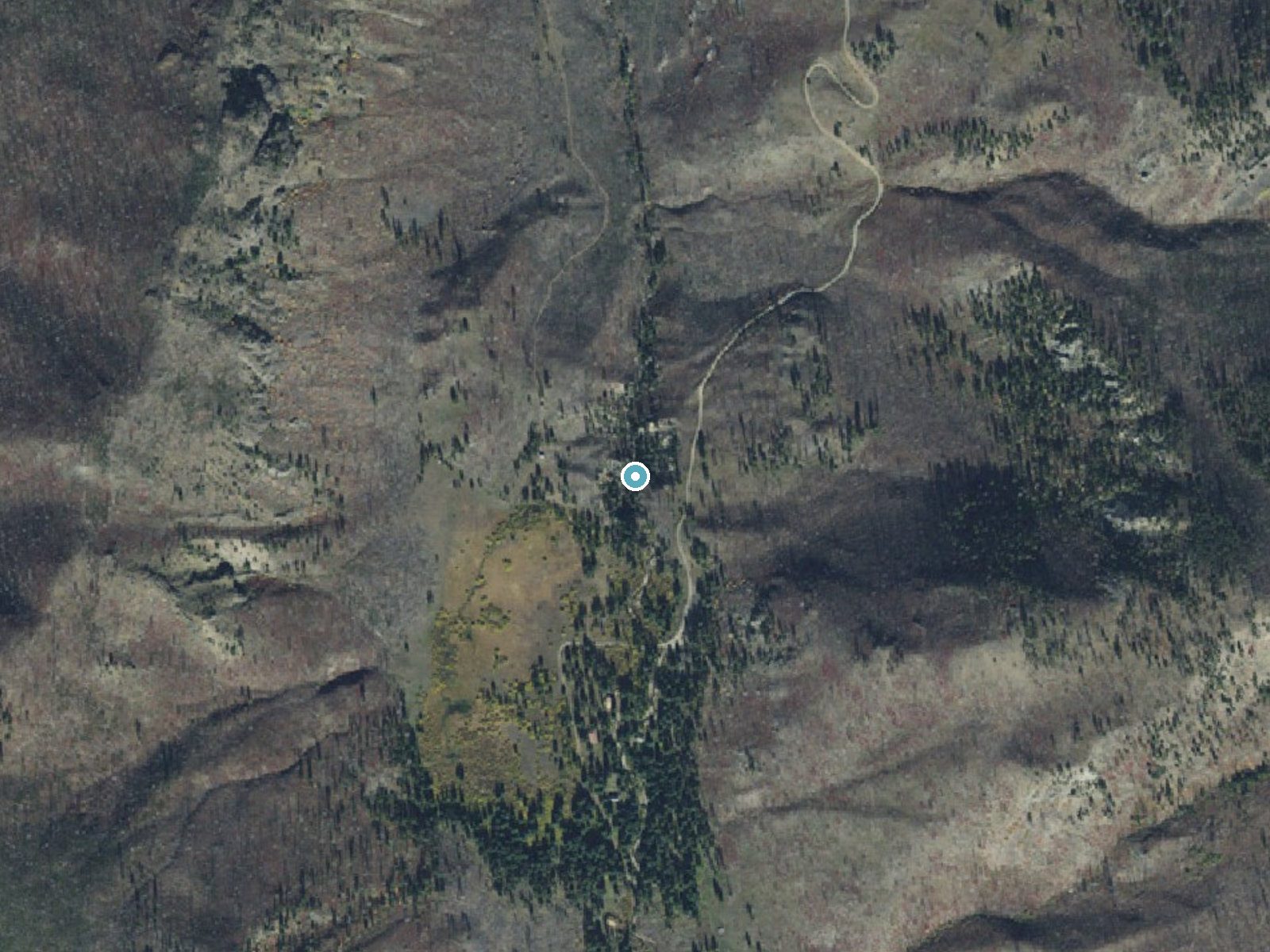 Aerial photo of the same ground around Passage Falls near Jardine, Montana, for comparison with the lidar view
