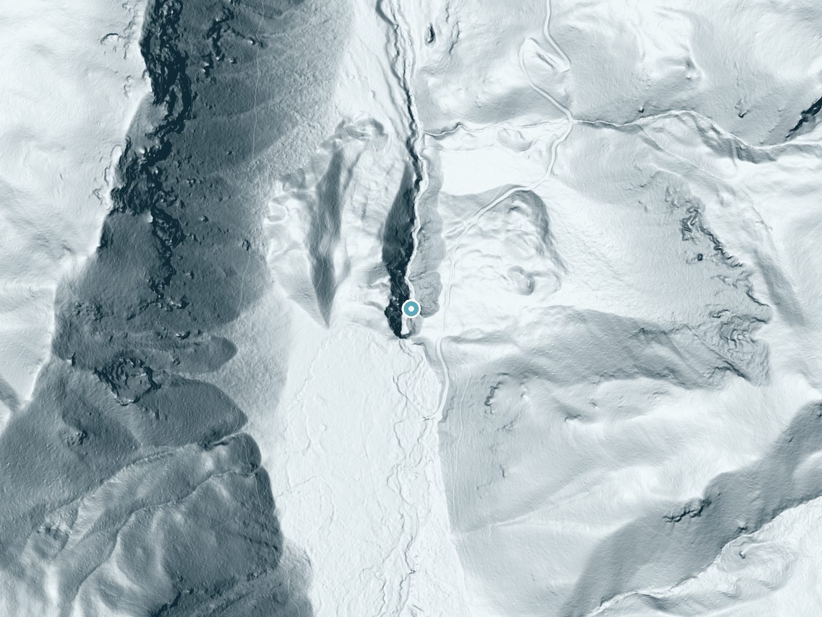 LiDAR bare-earth terrain around Passage Falls near Jardine, Montana, showing about 169 feet of drop, a steep tiered drop, facing northwest