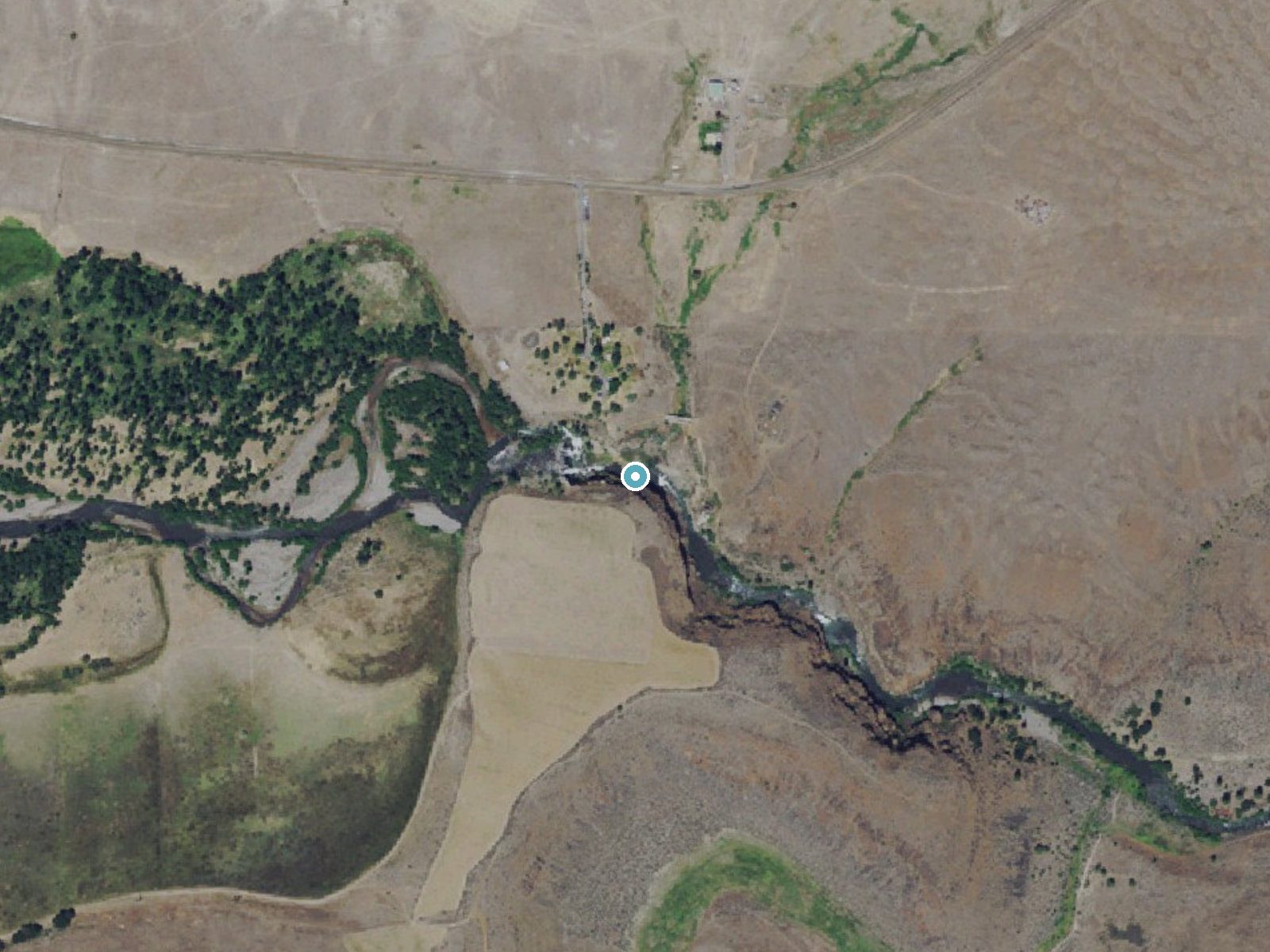 Aerial photo of the same ground around Celestial Falls near Tygh Valley, Oregon, for comparison with the lidar view