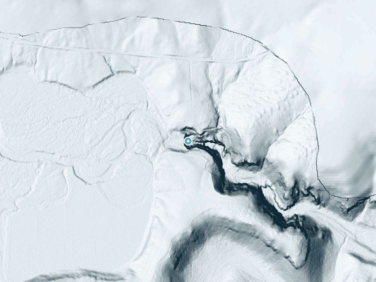 LiDAR bare-earth terrain around White River Falls near Tygh Valley, Oregon, showing about 124 feet of drop, a steep tiered drop, facing east