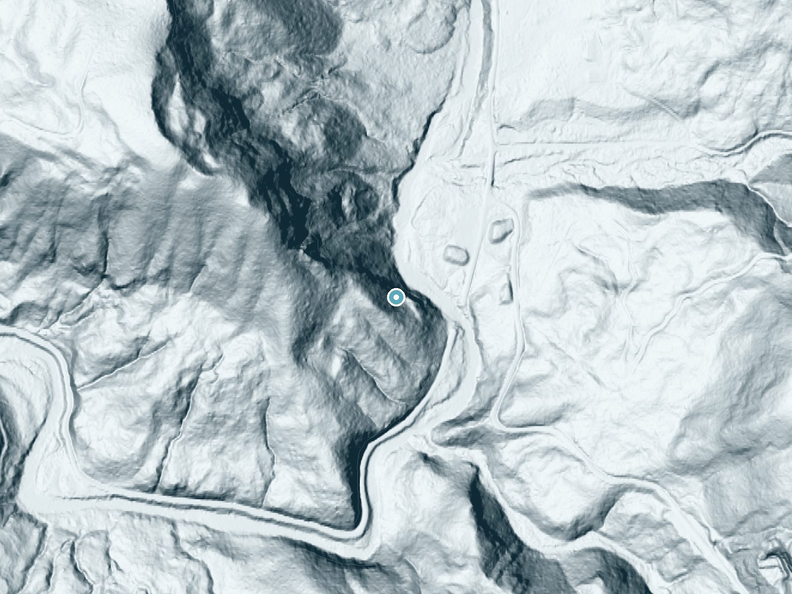 LiDAR bare-earth terrain around Nenamusa Falls near Grand Ronde, Oregon, showing about 285 feet of drop, a steep tiered drop, facing northeast