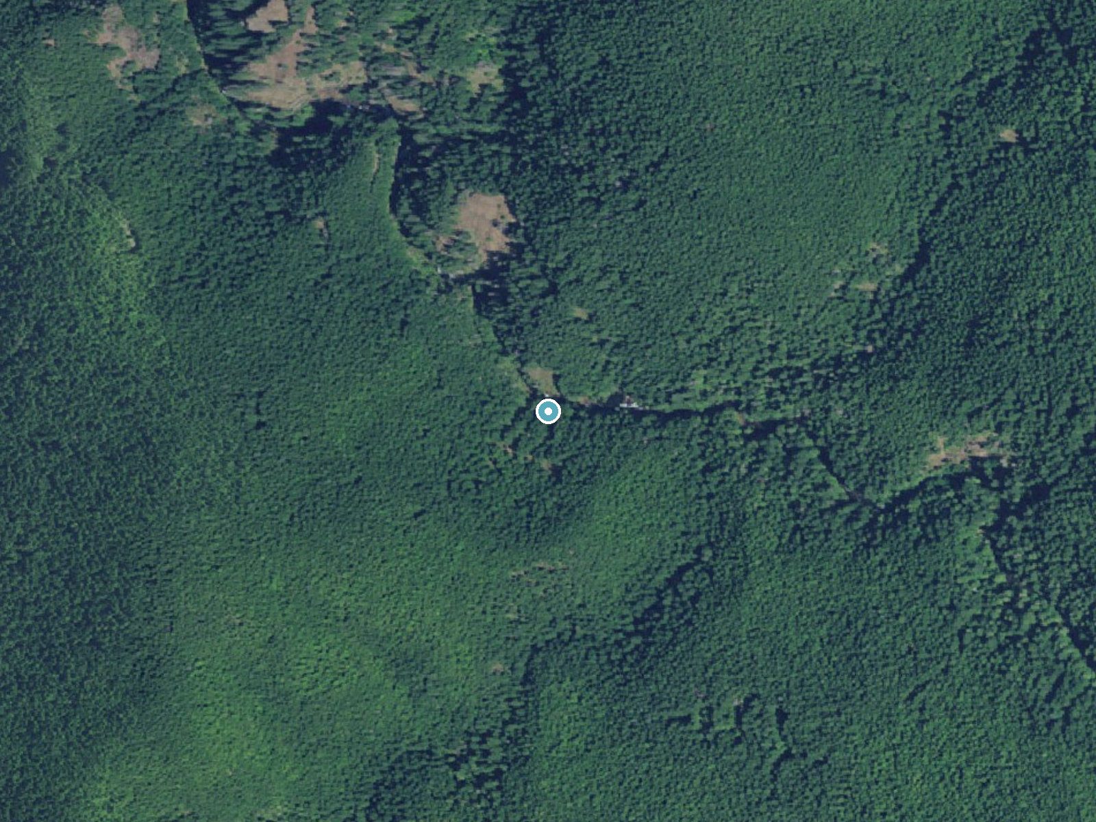 Aerial view of the ground around Vanishing Falls near Rhododendron, Oregon