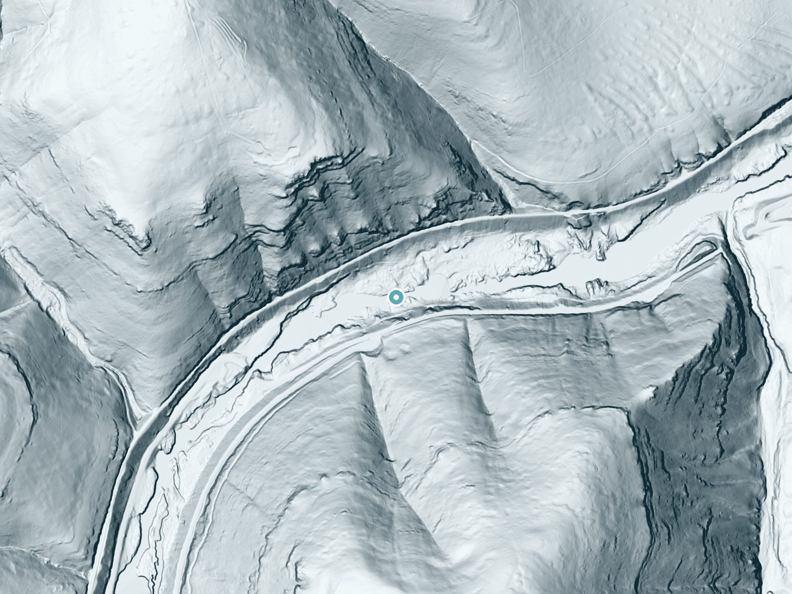 LiDAR bare-earth terrain around Sherars Falls near Maupin, Oregon, showing about 101 feet of drop, a steep tiered drop, facing north