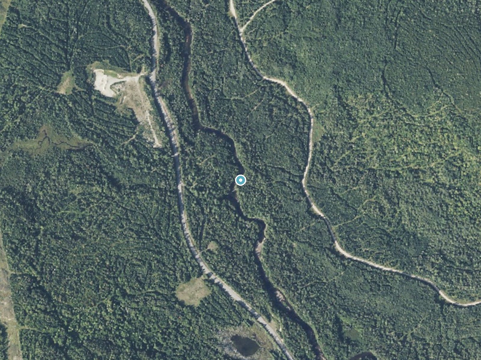 Aerial photo of the same ground around Shadagee Falls near Rangeley, Maine, for comparison with the lidar view