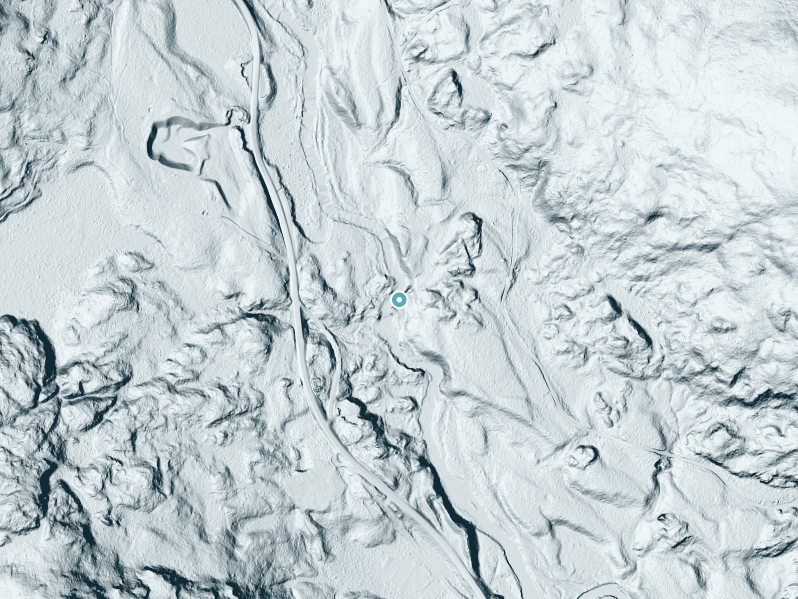 LiDAR bare-earth terrain around Shadagee Falls near Rangeley, Maine, showing about 63 feet of drop, a long cascade, facing west