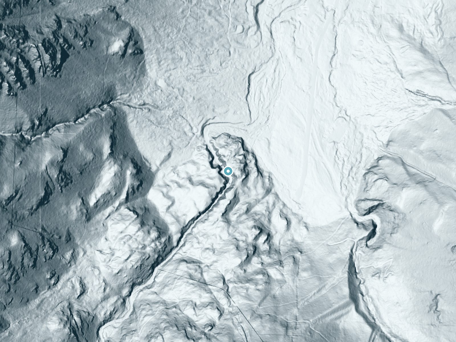 LiDAR bare-earth terrain around Wallowa Falls near Wallowa Lake, Oregon, showing about 127 feet of drop, a steep tiered drop, facing north