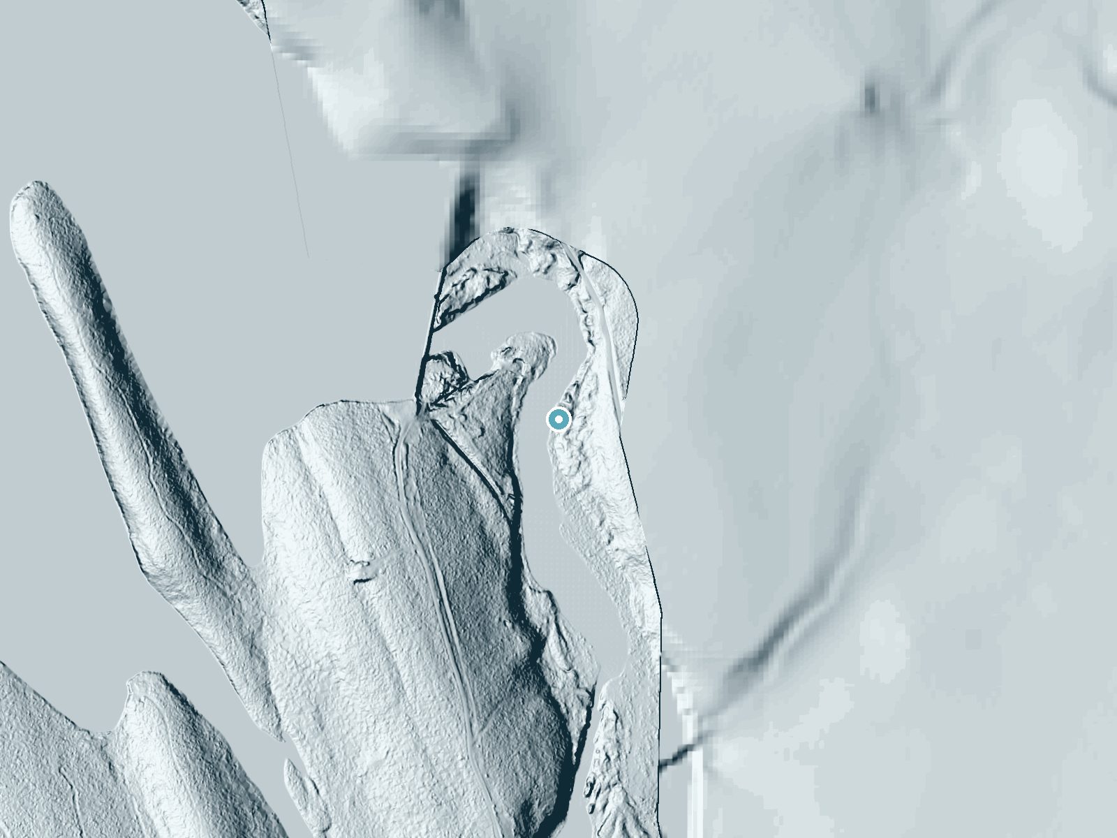 LiDAR bare-earth terrain around Grand Falls near Vanceboro, Maine, showing about 30 feet of drop, a long cascade, facing west