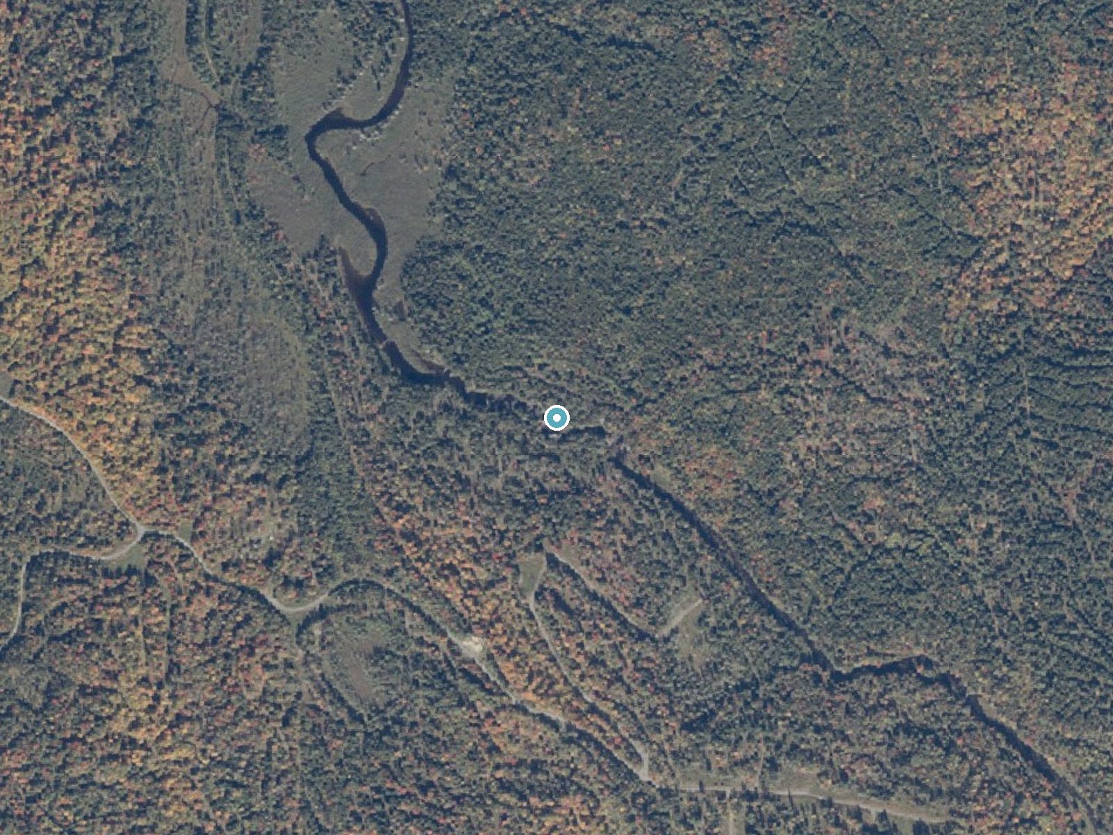 Aerial photo of the same ground around Hatch Falls near Brownville Junction, Maine, for comparison with the lidar view