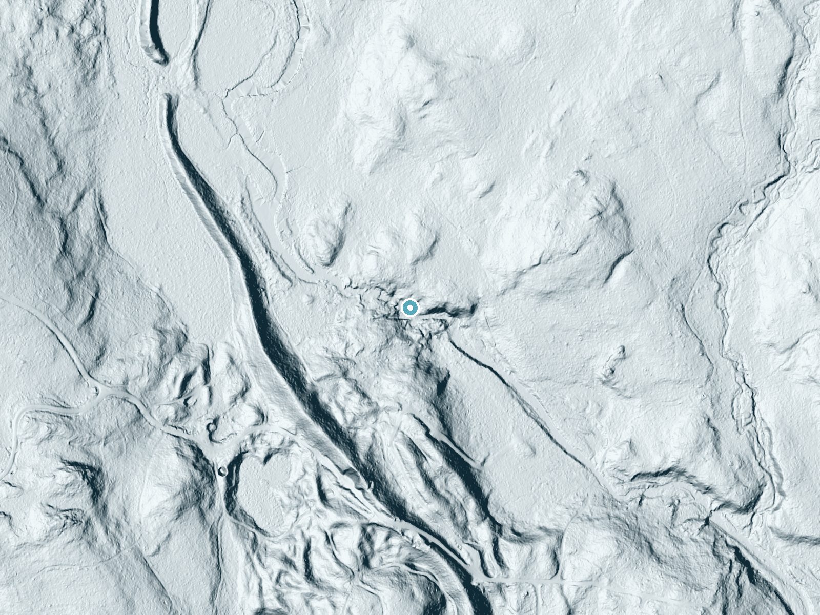 LiDAR bare-earth terrain around Hatch Falls near Brownville Junction, Maine, showing about 46 feet of drop, a long cascade, facing south