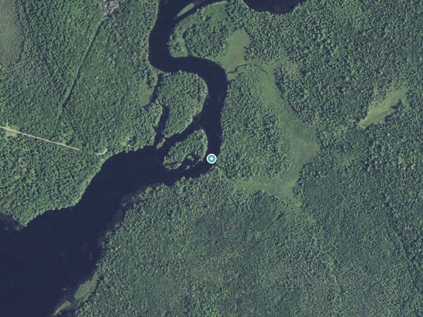 Aerial photo of the same ground around Spednic Falls near Vanceboro, Maine, for comparison with the lidar view