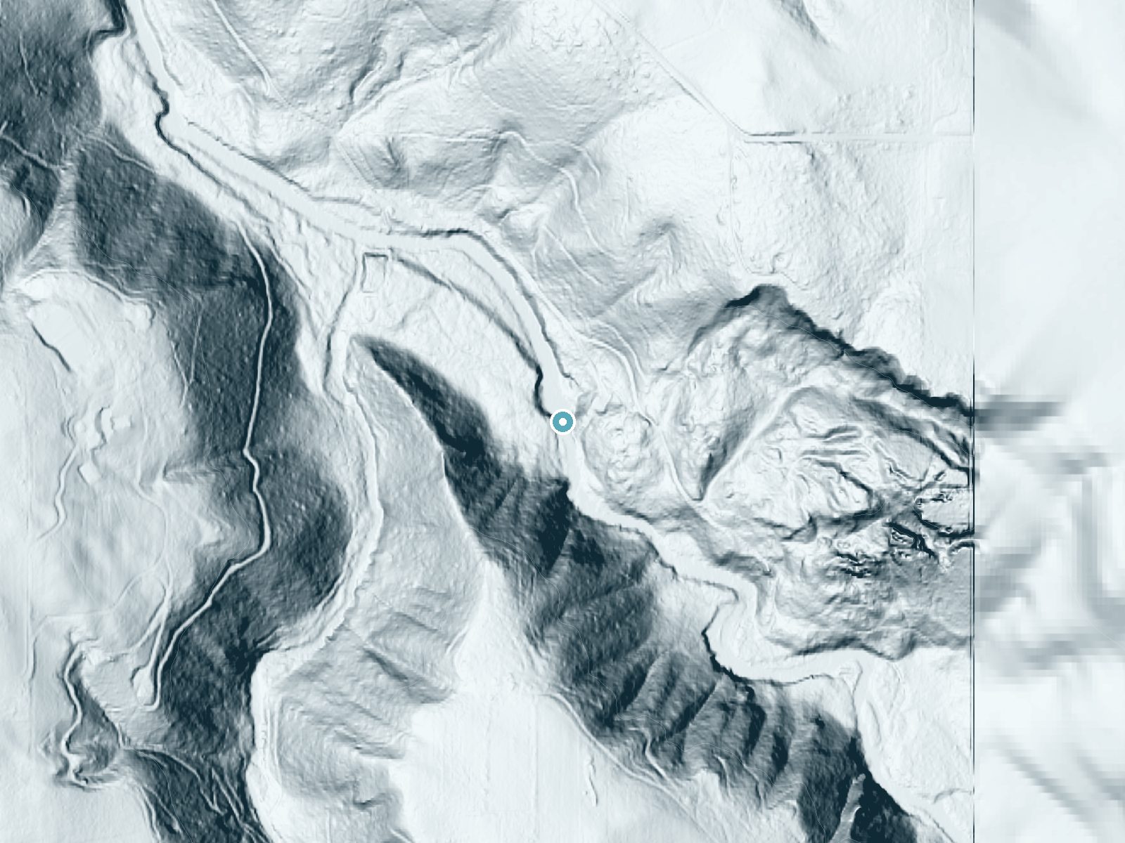 LiDAR bare-earth terrain around Middle Falls near Estacada, Oregon, showing about 107 feet of drop, a long cascade, facing northwest
