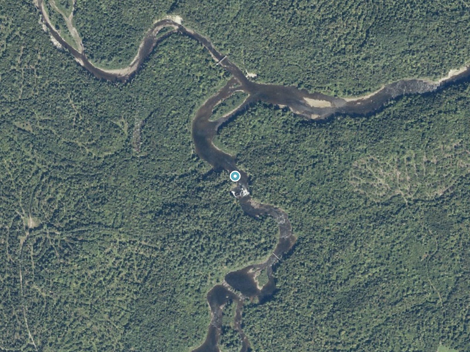 Aerial photo of the same ground around Grand Falls near Kingfield, Maine, for comparison with the lidar view