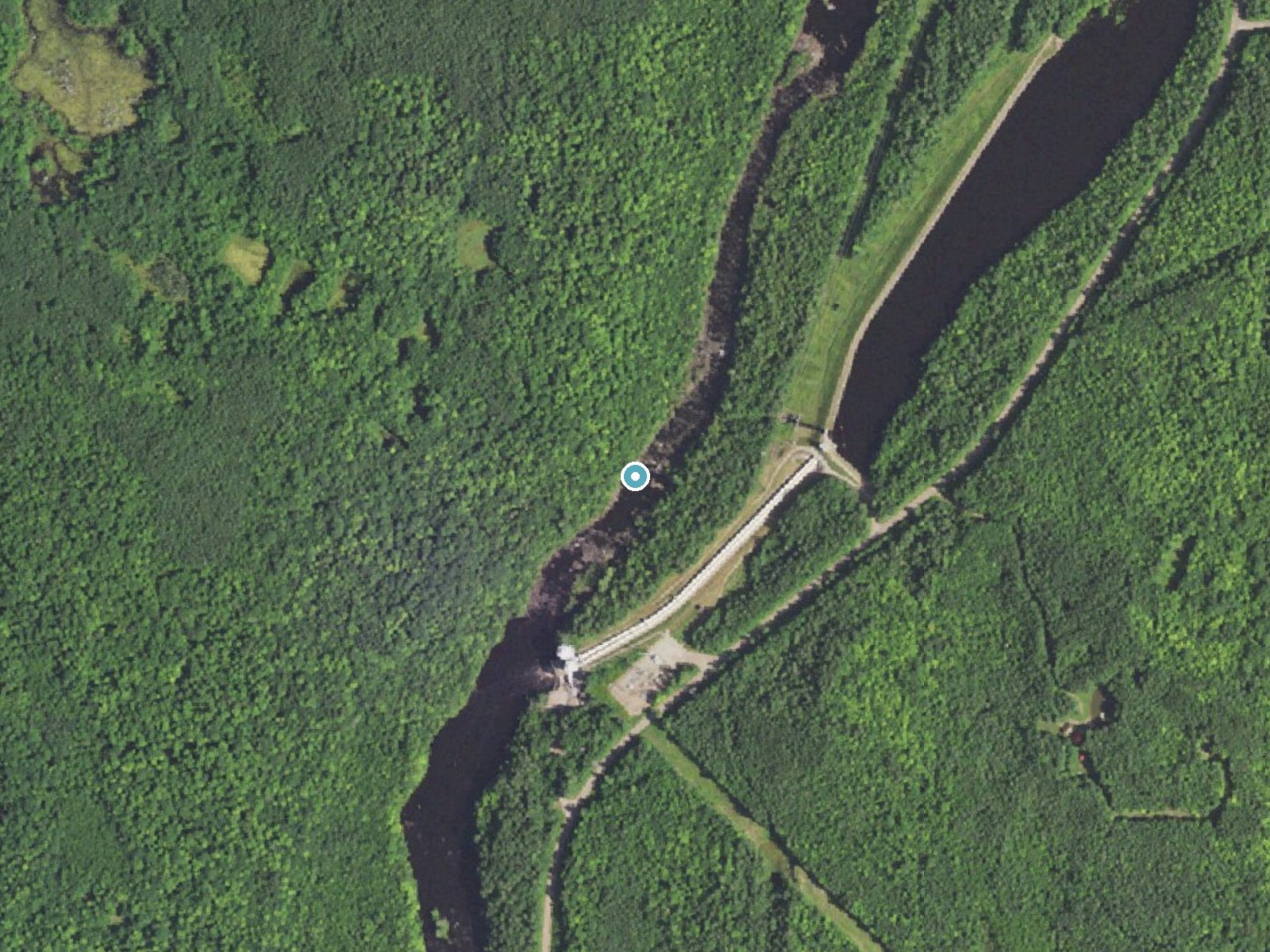 Aerial photo of the same ground around Grandfather Falls near Merrill, Wisconsin, for comparison with the lidar view