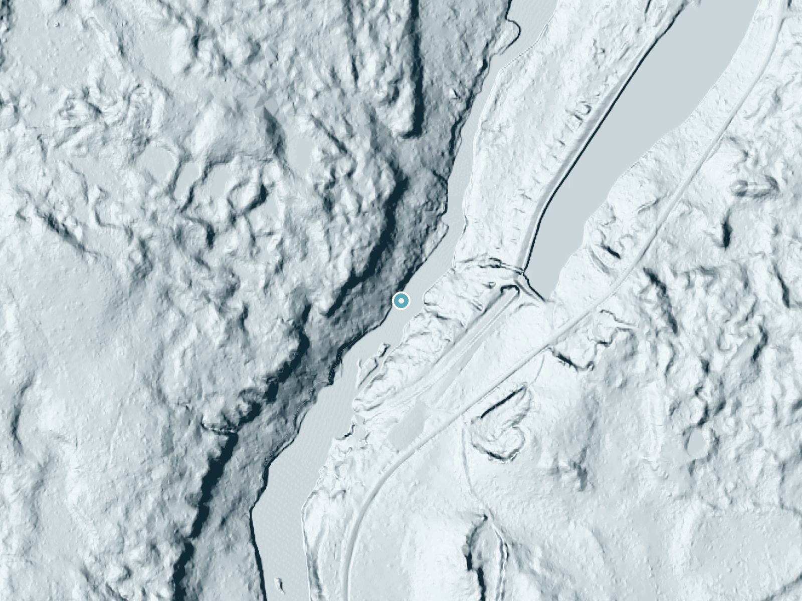 LiDAR bare-earth terrain around Grandfather Falls near Merrill, Wisconsin, showing about 60 feet of drop, a long cascade, facing southeast