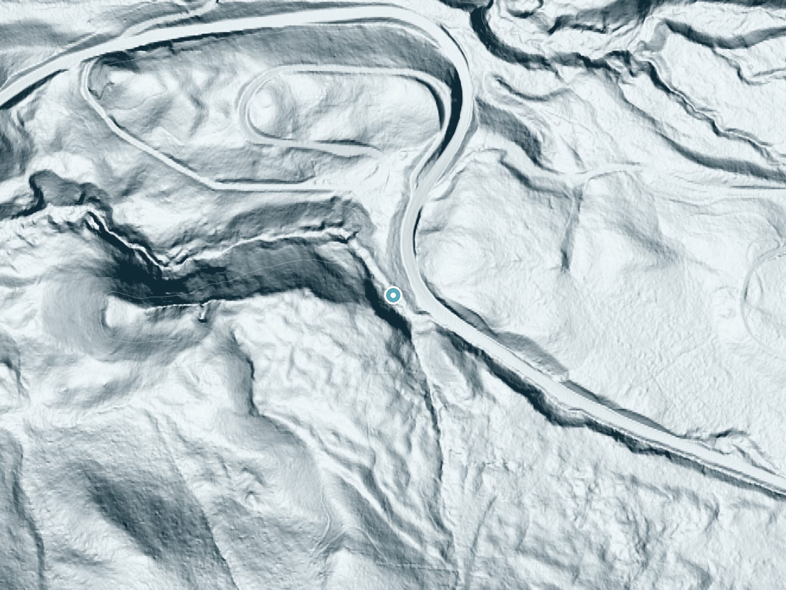 LiDAR bare-earth terrain around Yocum Falls near Government Camp, Oregon, showing about 199 feet of drop, a long cascade, facing northwest