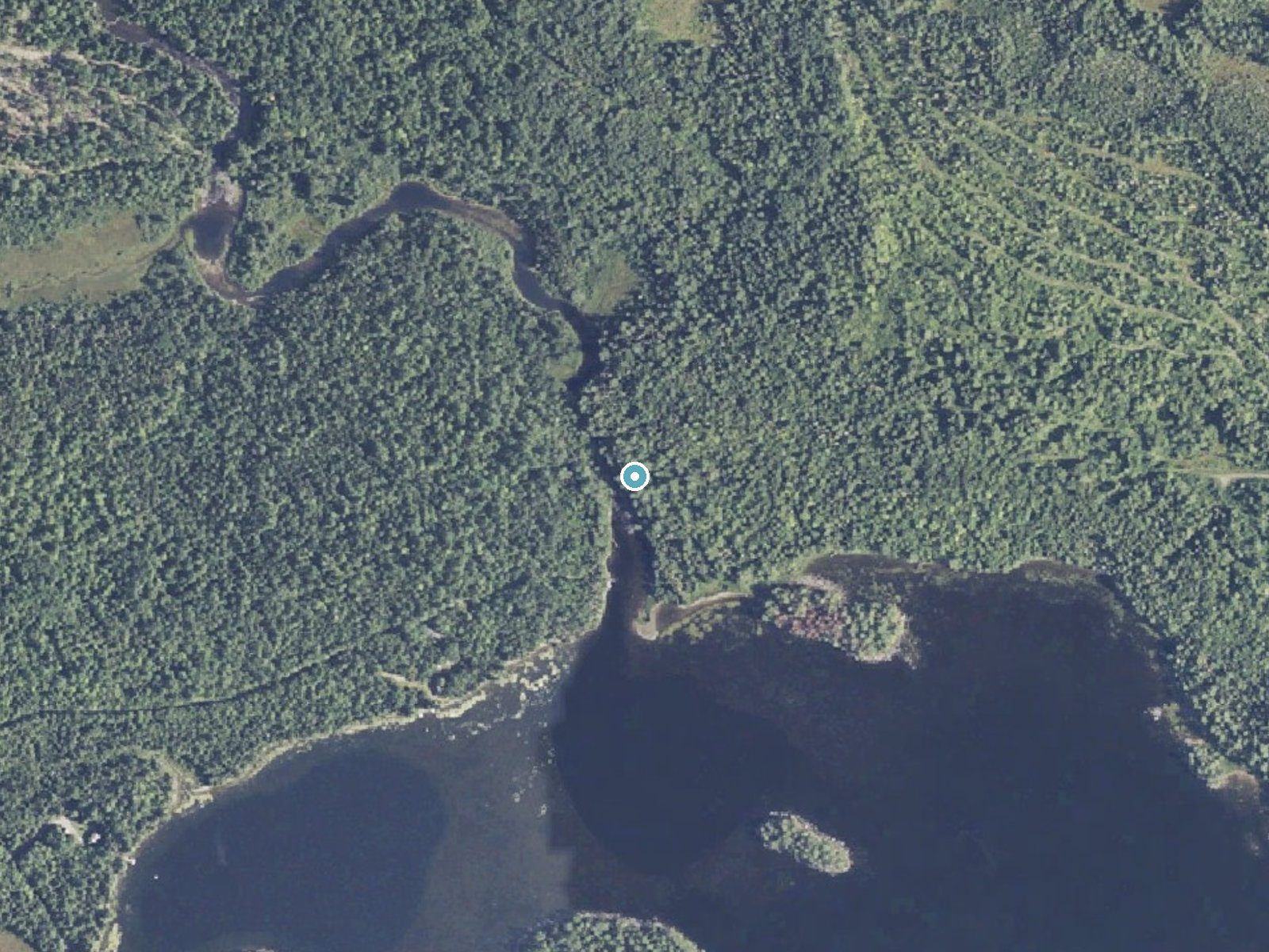 Aerial photo of the same ground around Bucks Falls near Brownville Junction, Maine, for comparison with the lidar view