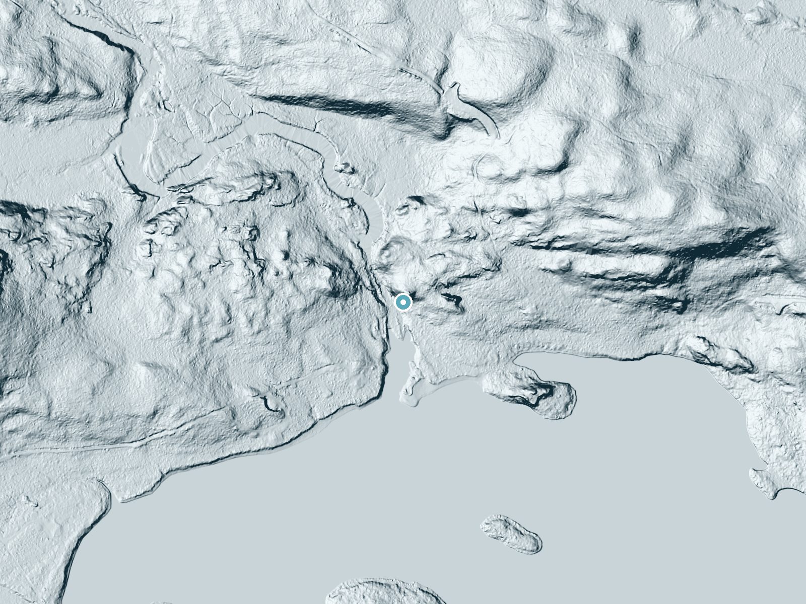 LiDAR bare-earth terrain around Bucks Falls near Brownville Junction, Maine, showing about 58 feet of drop, a long cascade, facing southwest