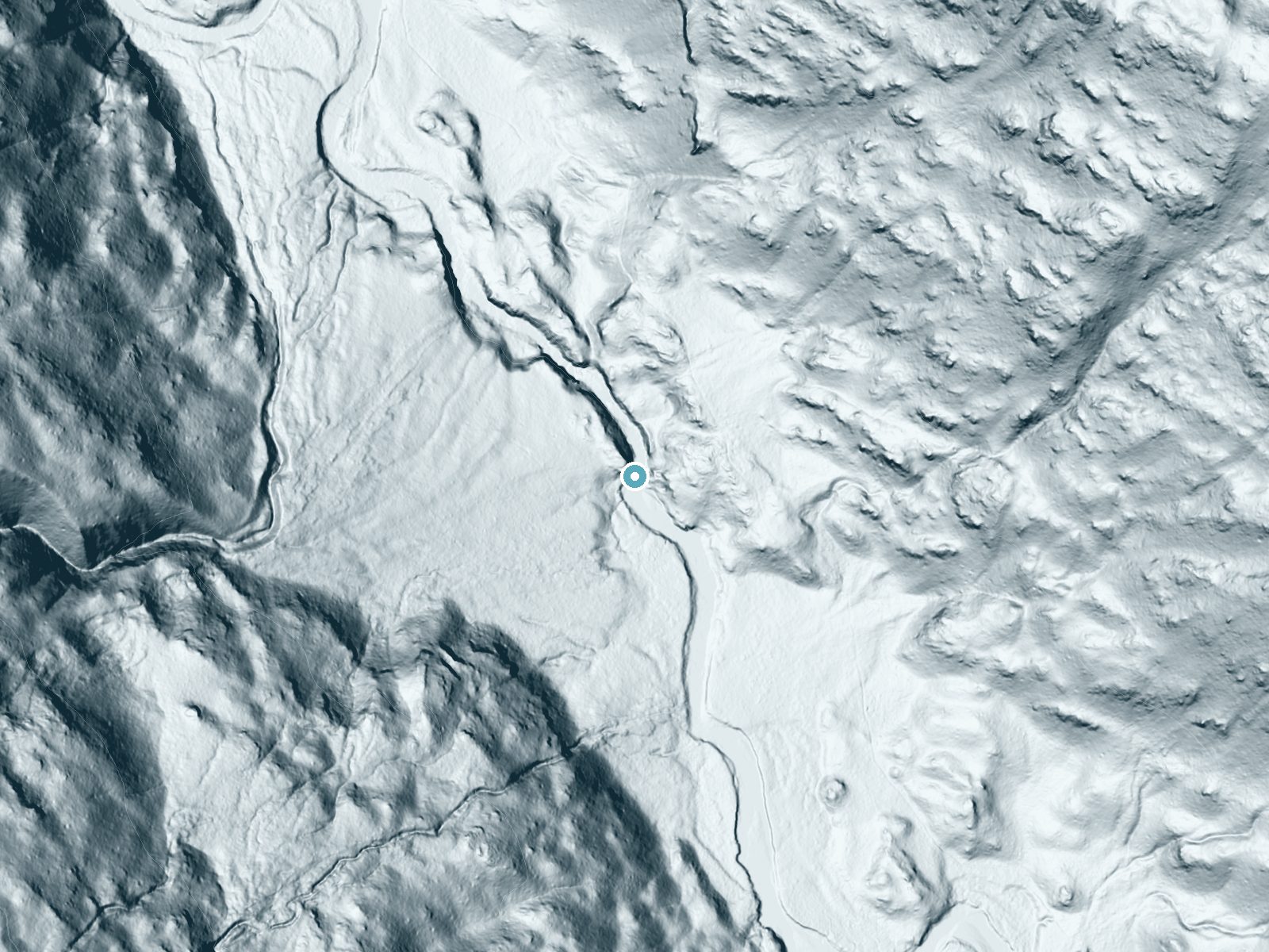 LiDAR bare-earth terrain around Minam Falls near Cove, Oregon, showing about 97 feet of drop, a steep tiered drop, facing southwest