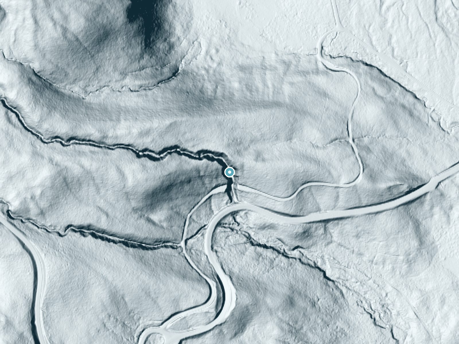 LiDAR bare-earth terrain around Sahale Falls near Government Camp, Oregon, showing about 184 feet of drop, a steep tiered drop, facing south