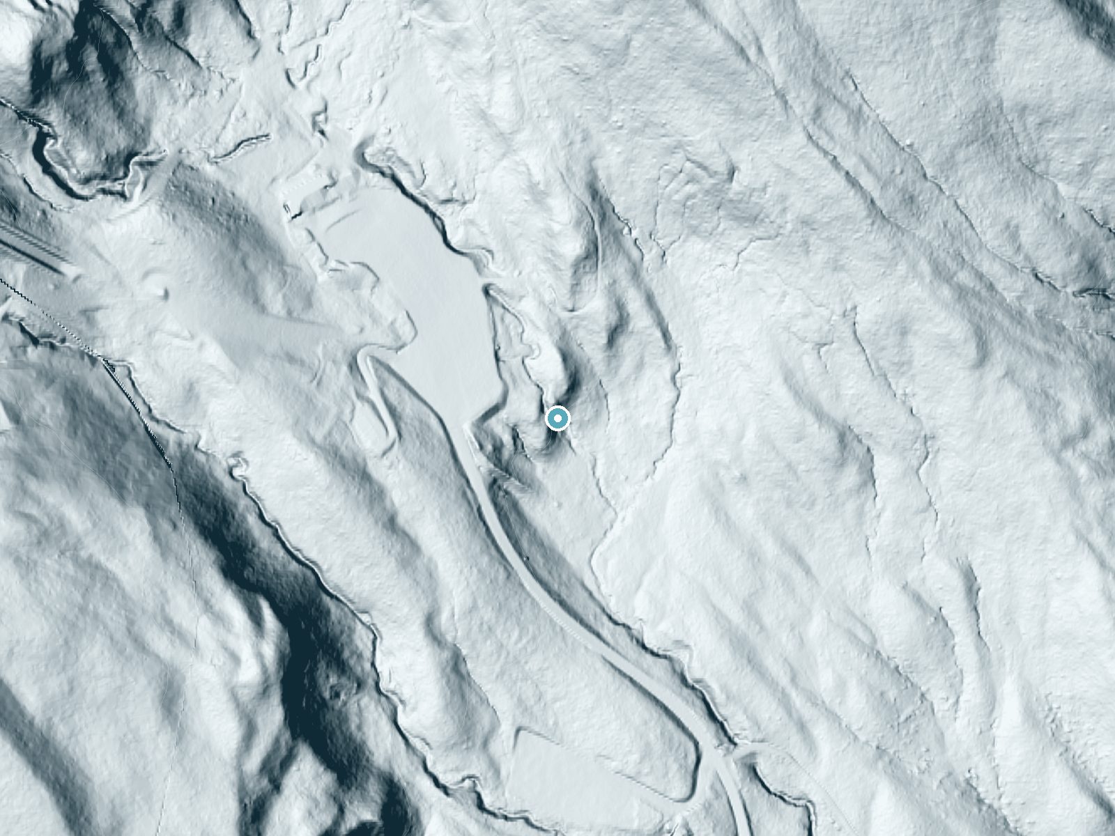LiDAR bare-earth terrain around Umbrella Falls near Government Camp, Oregon, showing about 102 feet of drop, a steep tiered drop, facing southeast
