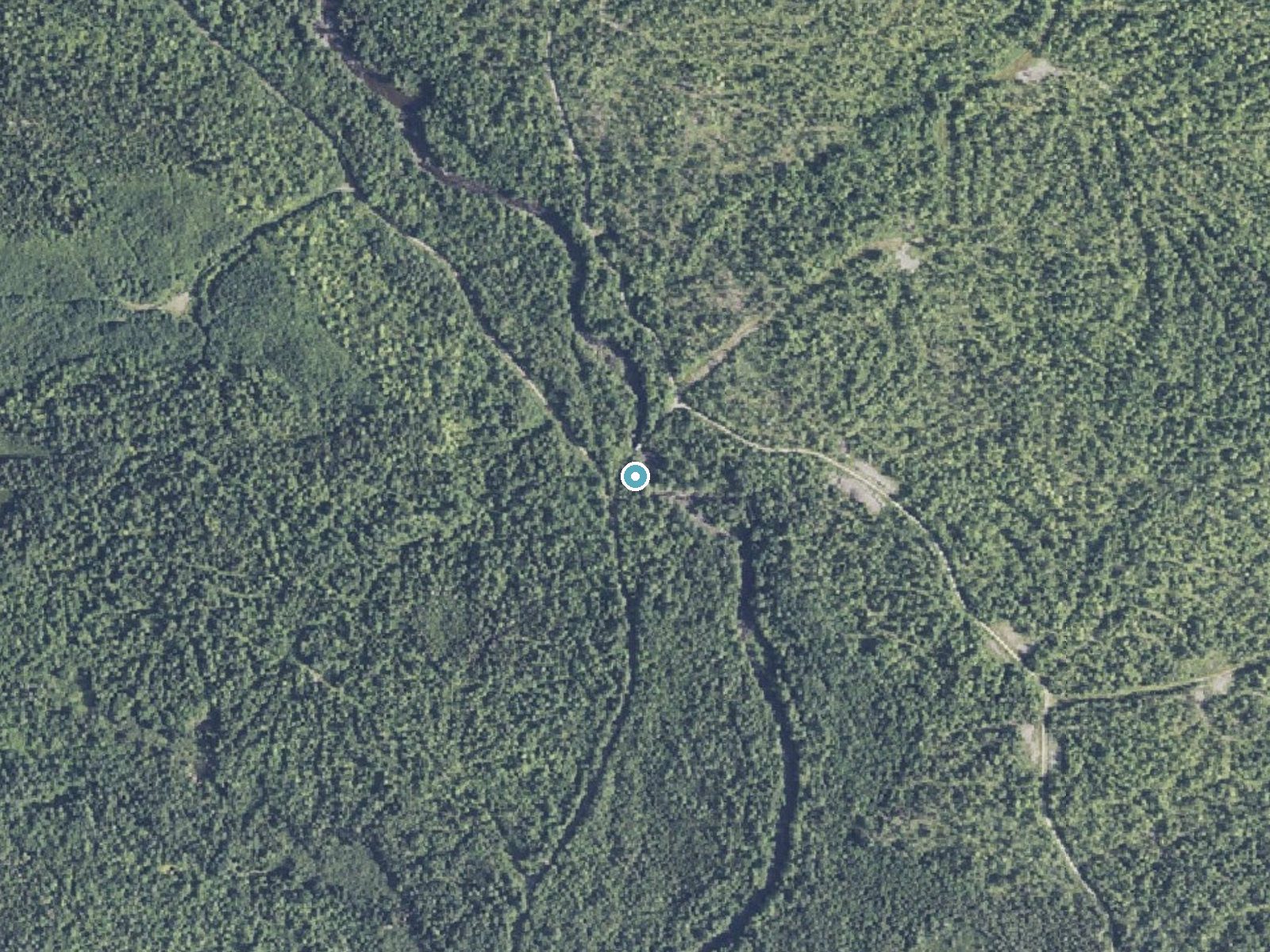 Aerial photo of the same ground around Cowyard Falls near Brownville Junction, Maine, for comparison with the lidar view