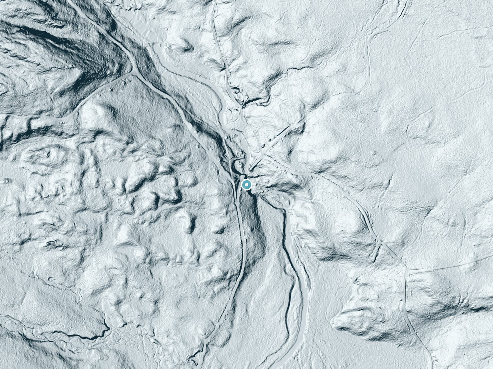 LiDAR bare-earth terrain around Cowyard Falls near Brownville Junction, Maine, showing about 69 feet of drop, a steep tiered drop, facing east