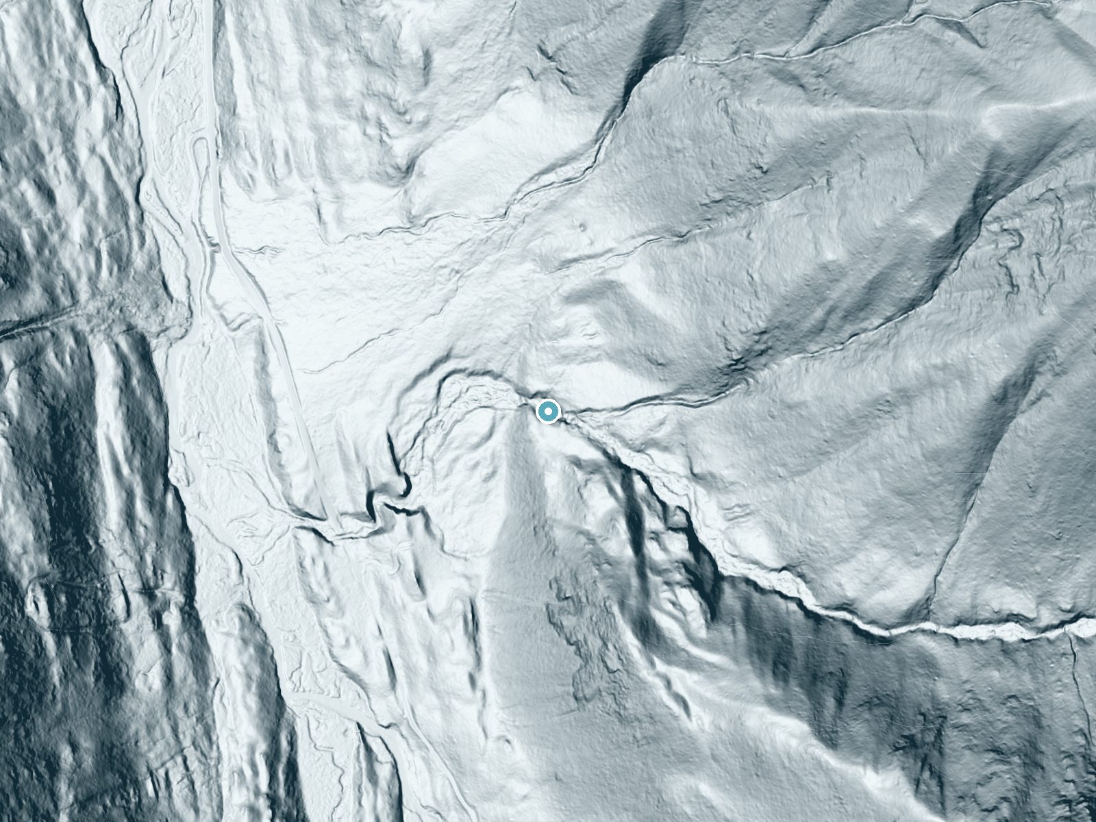 LiDAR bare-earth terrain around Hunter Falls near Joseph, Oregon, showing about 167 feet of drop, a steep tiered drop, facing west