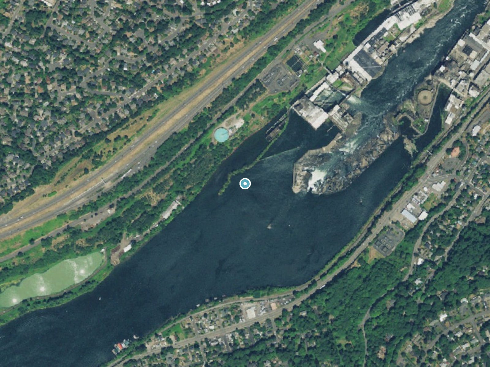 Aerial photo of the same ground around Willamette Falls near West Linn, Oregon, for comparison with the lidar view