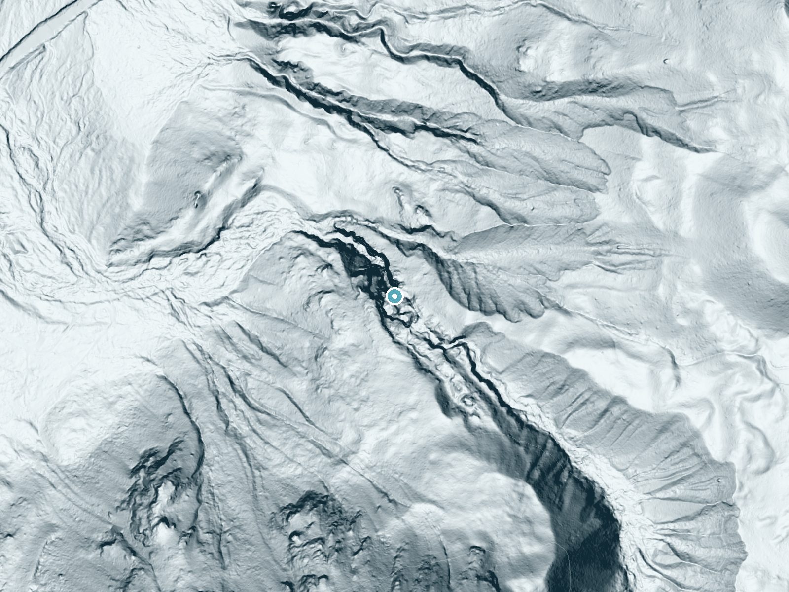LiDAR bare-earth terrain around Woodbine Falls near Nye, Montana, showing about 401 feet of drop, a single sheer drop, facing northwest