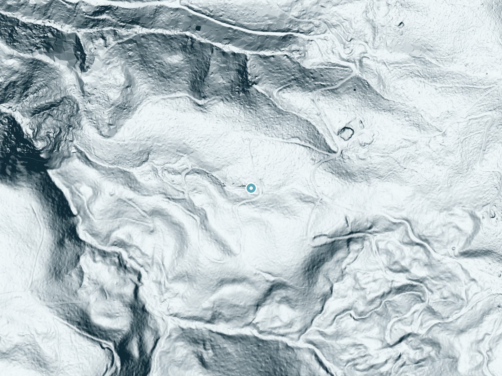 LiDAR bare-earth terrain around Munson Creek Falls near Pleasant Valley, Oregon, showing about 116 feet of drop, a long cascade, facing west