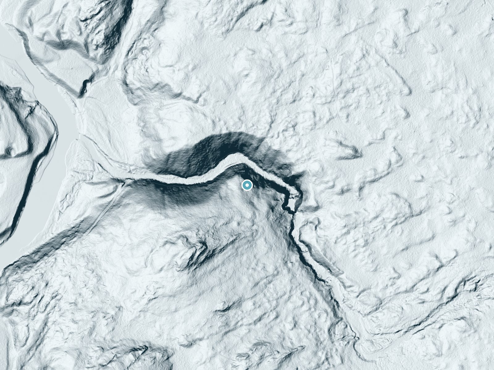 LiDAR bare-earth terrain around Moxie Falls near North Anson, Maine, showing about 183 feet of drop, a steep tiered drop, facing north